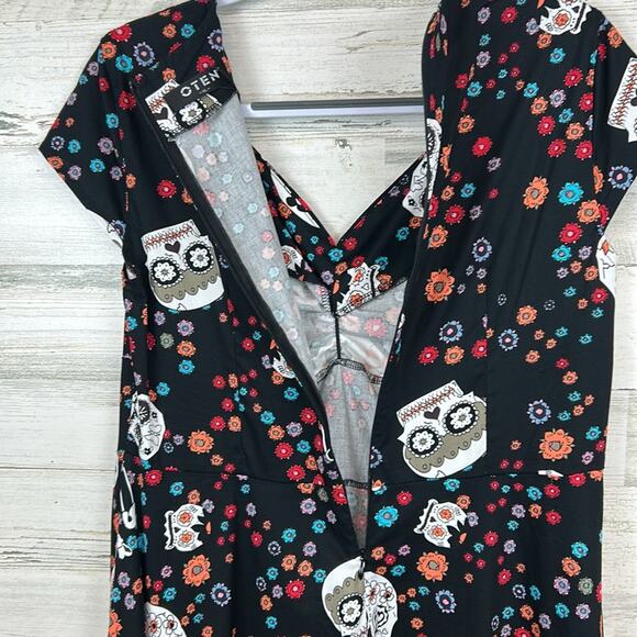 Oten Fit Flare Dress Women’s XL Black Sugar Skull Day Of Dead Pin Up Hot Topic - Picture 5 of 7